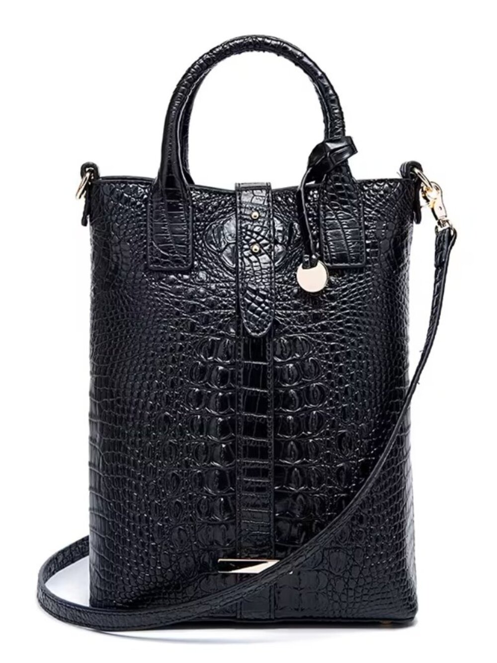 A sleek black crocodile-embossed handbag